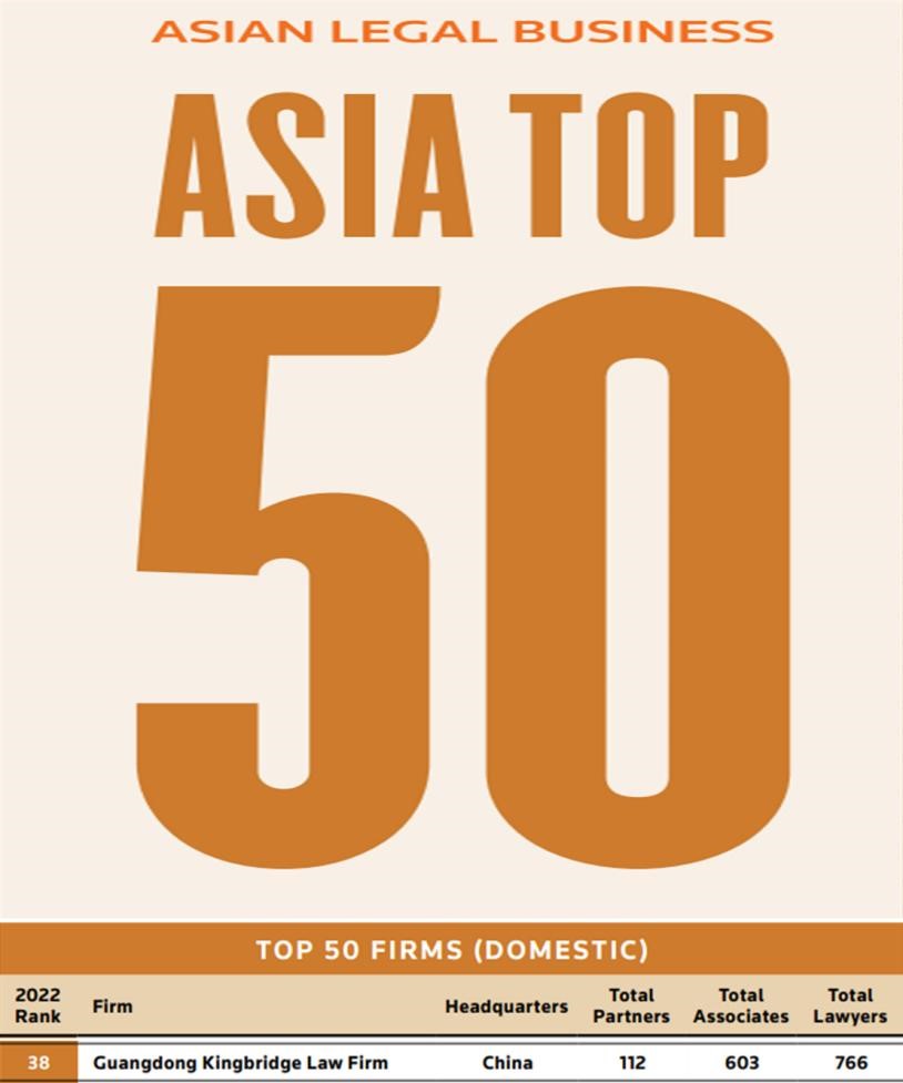 金桥百信入选“2022 ALB亚洲最大50家律所（本地）”榜单